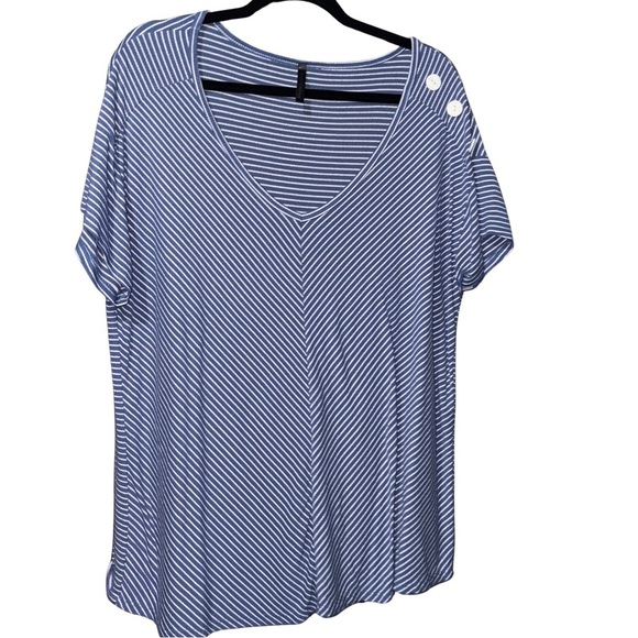 Blue and White Chevron Striped Button Embellished Relaxed Blouse USA - Picture 1 of 4